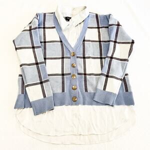 Rachel Zoe Blue Plaid Sweater Long Sleeve 2-in-1 Top Workwear Size L